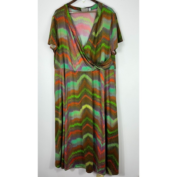 Avenue Dress Midi 26/28 Multicolor Faux Wrap Retro Psychedelic Boho 70s Festival - Picture 1 of 9